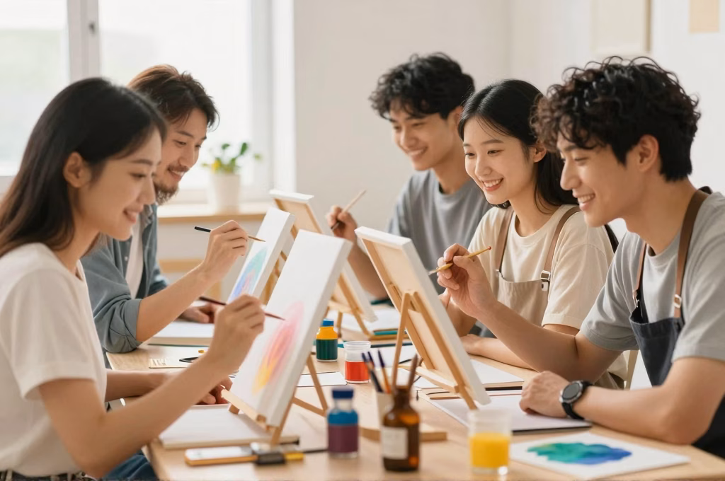 Groupe de personnes pratiquant l'art-therapie ensemble dans un atelier creatif apaise
