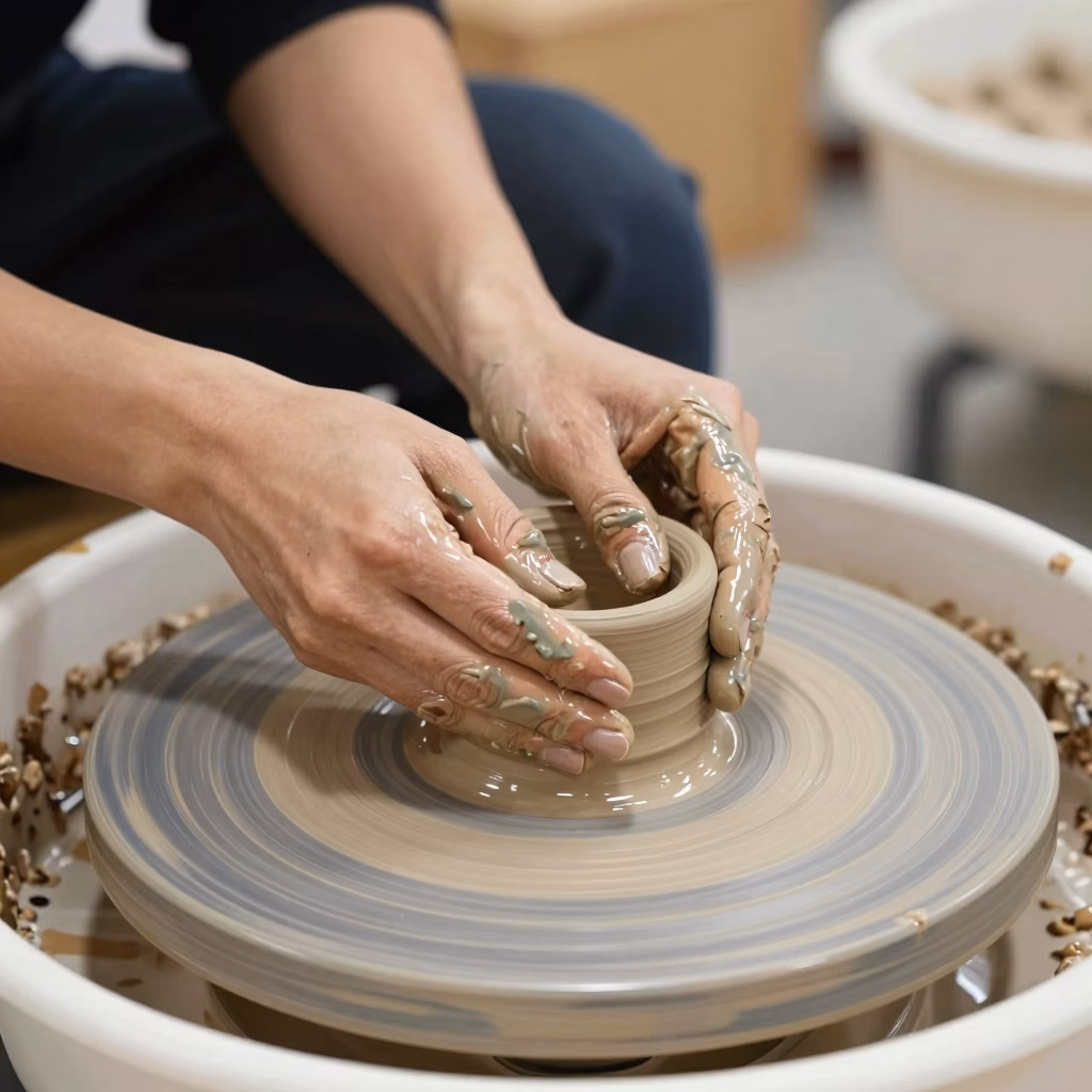 Mains travaillant l'argile sur un tour de potier en art-therapie anti-stress