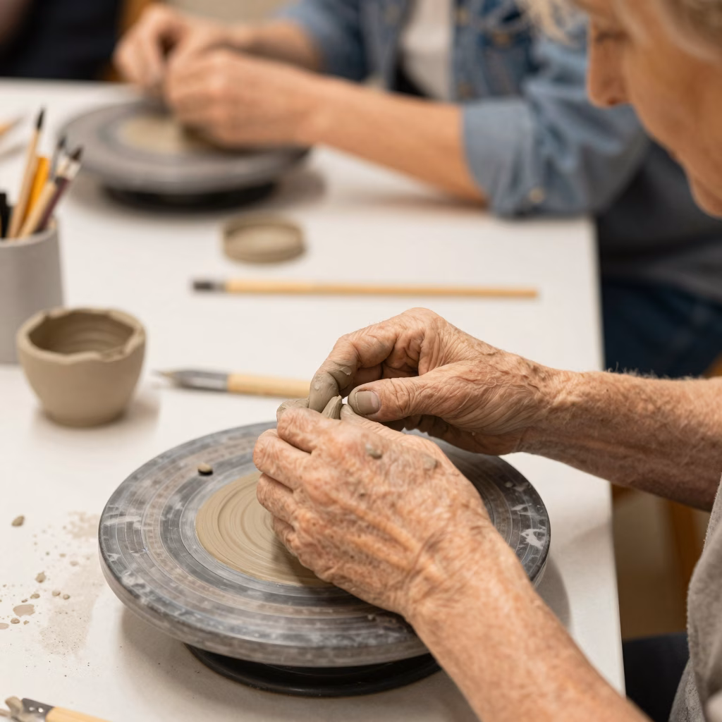 Senior travaillant l'argile avec un art-th&eacute;rapeute dans un atelier sp&eacute;cialis&eacute;