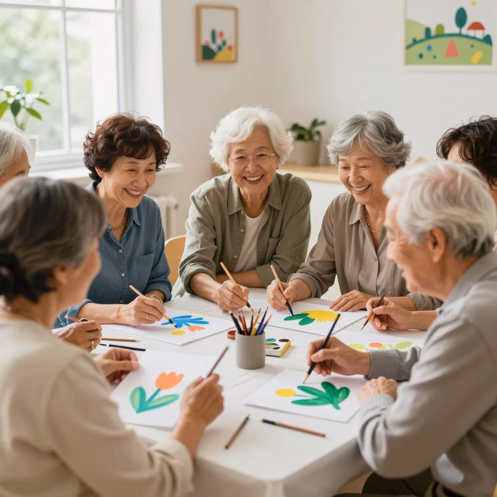Groupe de seniors participant joyeusement &agrave; un atelier d'art-th&eacute;rapie collectif