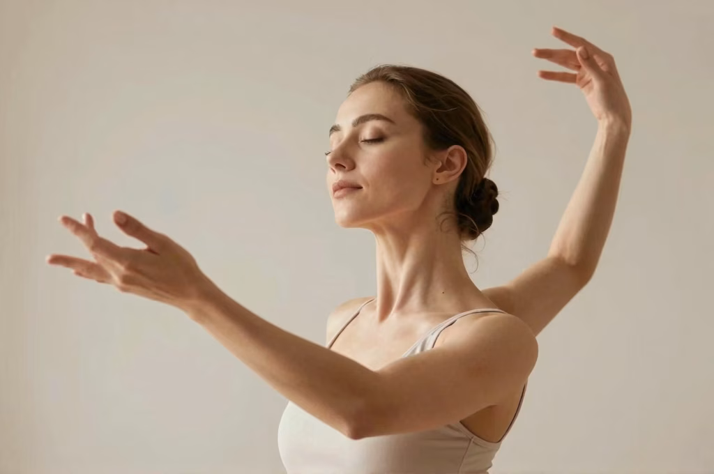 Femme en mouvement de biodanza les yeux fermes exprimant serenite et bien-etre