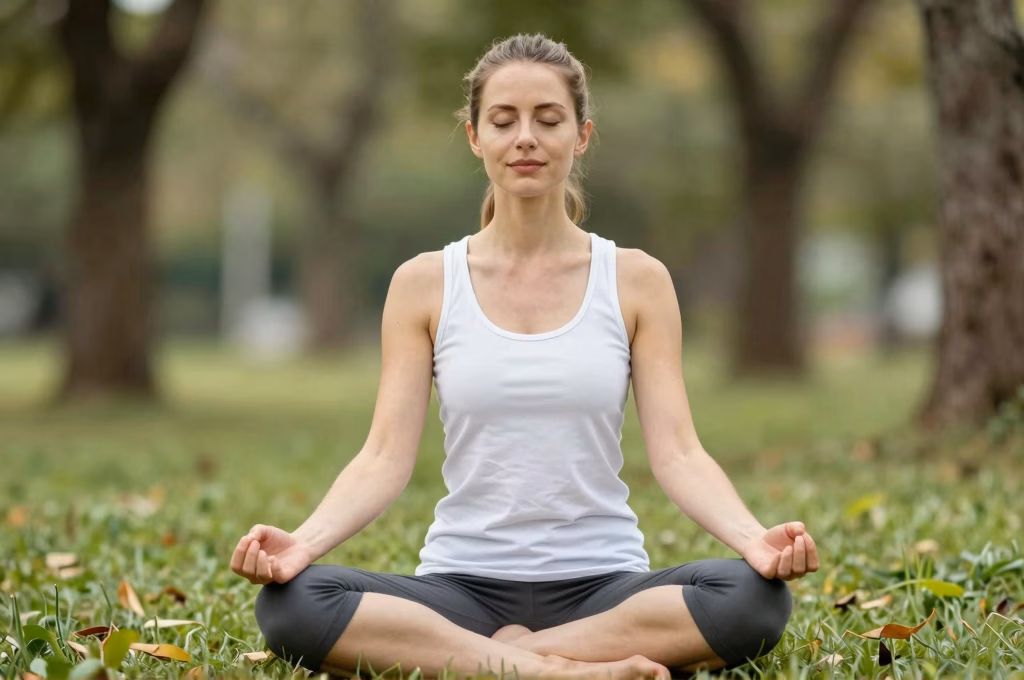 Femme méditant dans un cadre naturel paisible pour cultiver la sérénité et l'équilibre intérieur