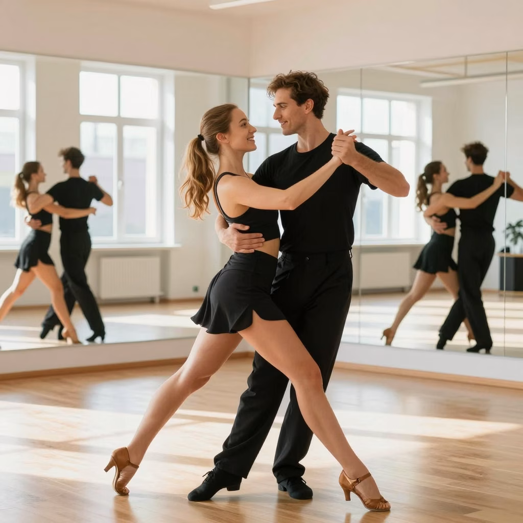 Couple souriant valsant dans un studio de danse lumineux illustrant les bienfaits du bien-être
