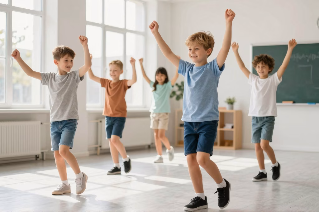 Enfants dansant joyeusement dans une salle de classe scolaire, programmes éducatifs de danse