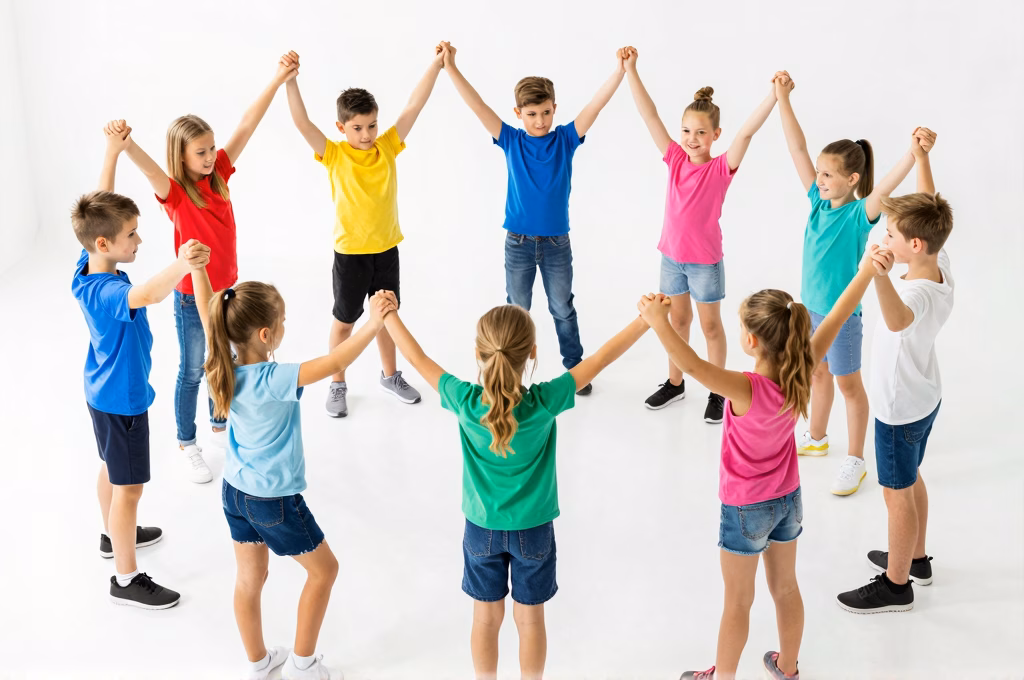 Groupe d'enfants en cercle effectuant des mouvements de danse coordonnés, apprentissage collaboratif