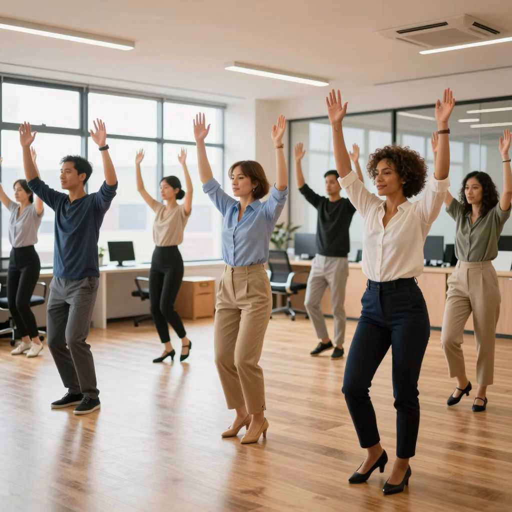 Groupe de collaborateurs pratiquant la danse-thérapie lors d'un atelier bien-être en entreprise