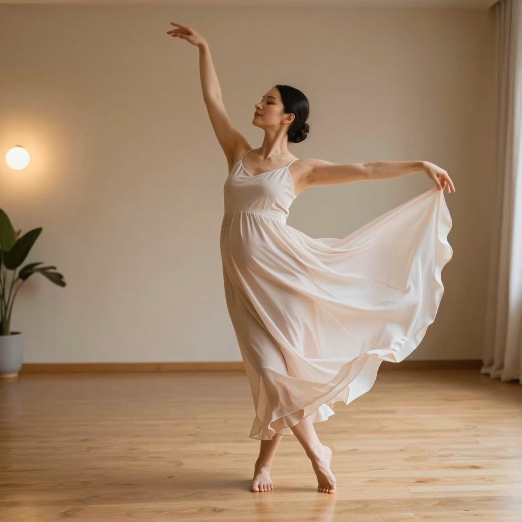 Femme enceinte pratiquant la danse-thérapie avec des mouvements doux et fluides