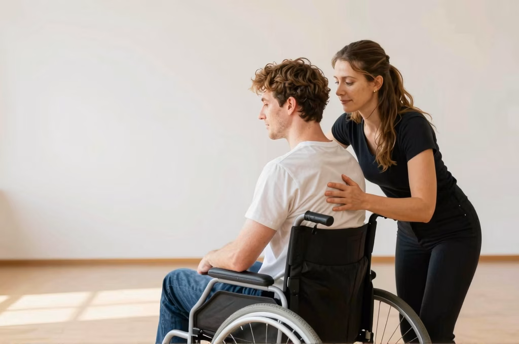 Seance de danse-therapie inclusive avec personne en fauteuil roulant et therapeute en mouvement