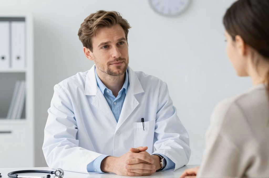 Psychiatre en blouse blanche lors d'une consultation médicale en cabinet