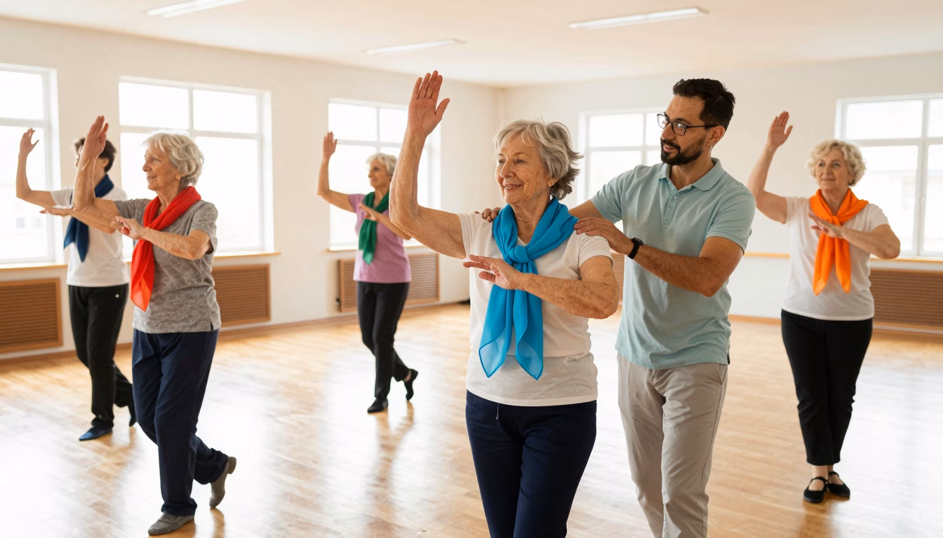 Seance de danse-therapie en EHPAD a Martigues, seniors participant a un atelier de mouvement therapeutique