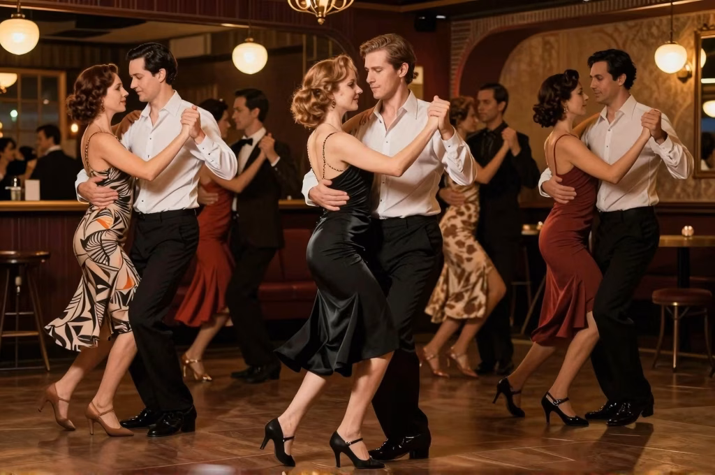 Soiree swing avec plusieurs couples dansant le Lindy Hop dans une ambiance jazz festive