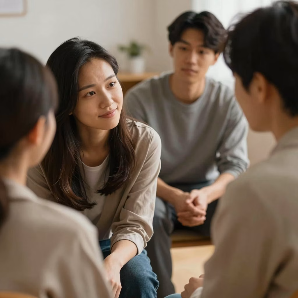 Participants échangeant avec bienveillance lors d'une séance de thérapie de groupe