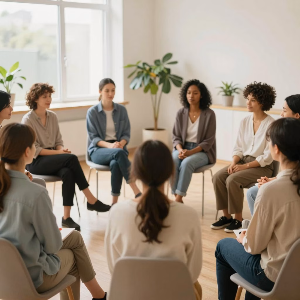 Groupe de personnes assises en cercle lors d'une séance de psychothérapie de groupe