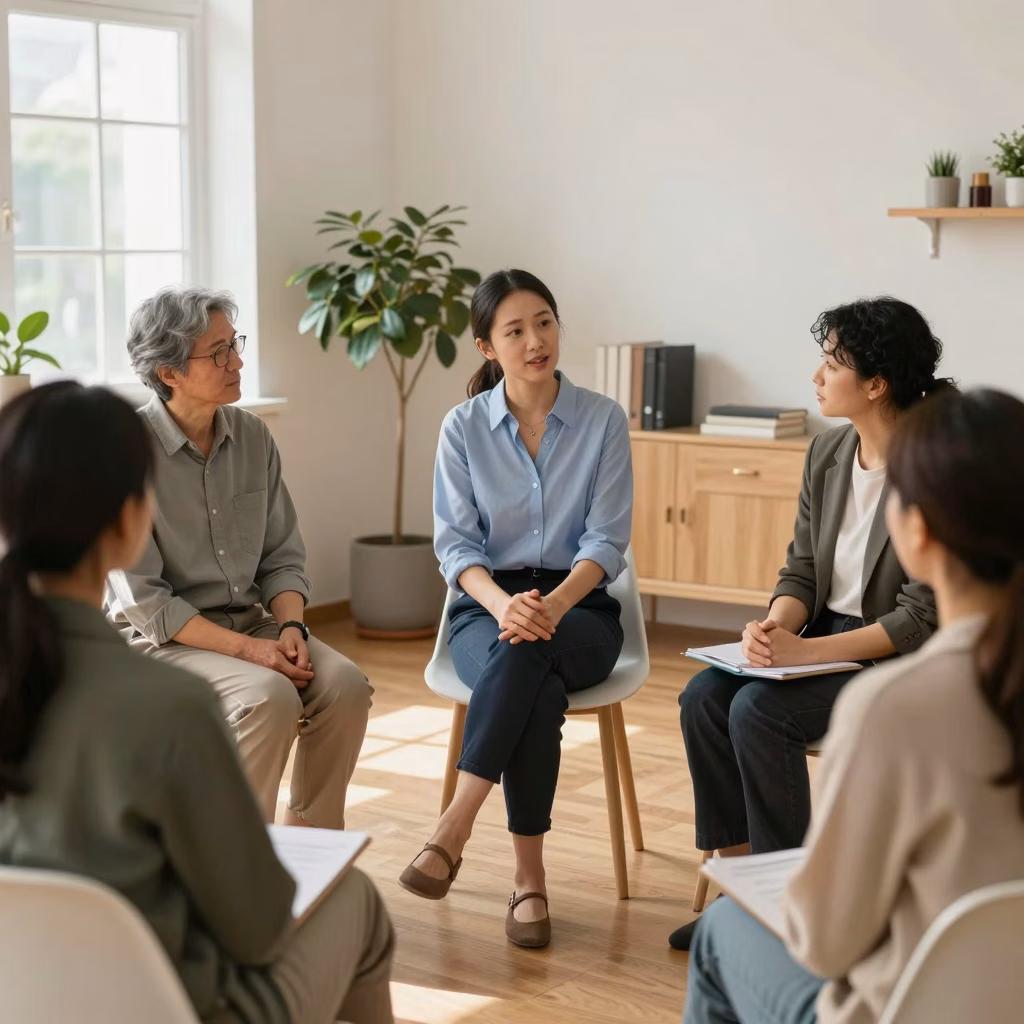 Thérapeute animant une séance de psychothérapie de groupe avec empathie