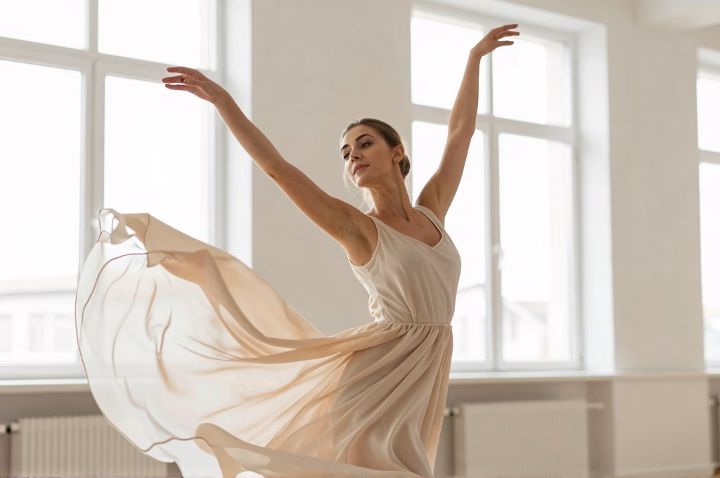 Femme pratiquant la danse-therapie dans un studio lumineux pour guerir de la dependance affective