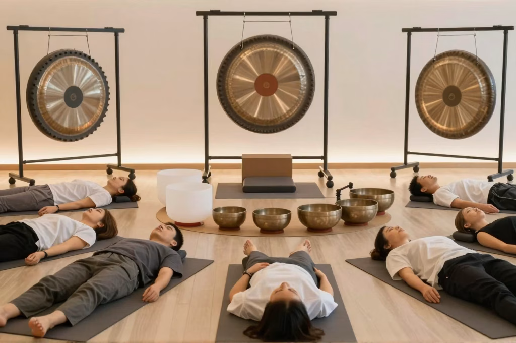 Séance de bain sonore collectif avec gong dans un espace thérapeutique apaisant