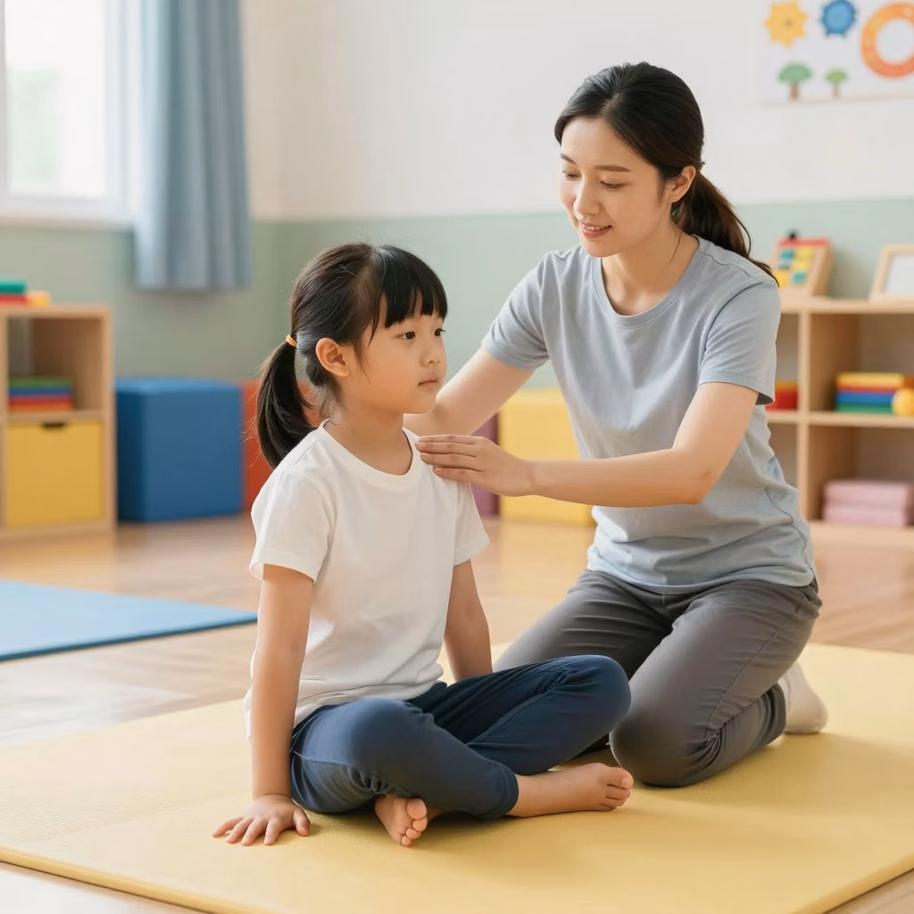 Enfant pratiquant un exercice de conscience corporelle avec un thérapeute bienveillant en séance de sophrologie