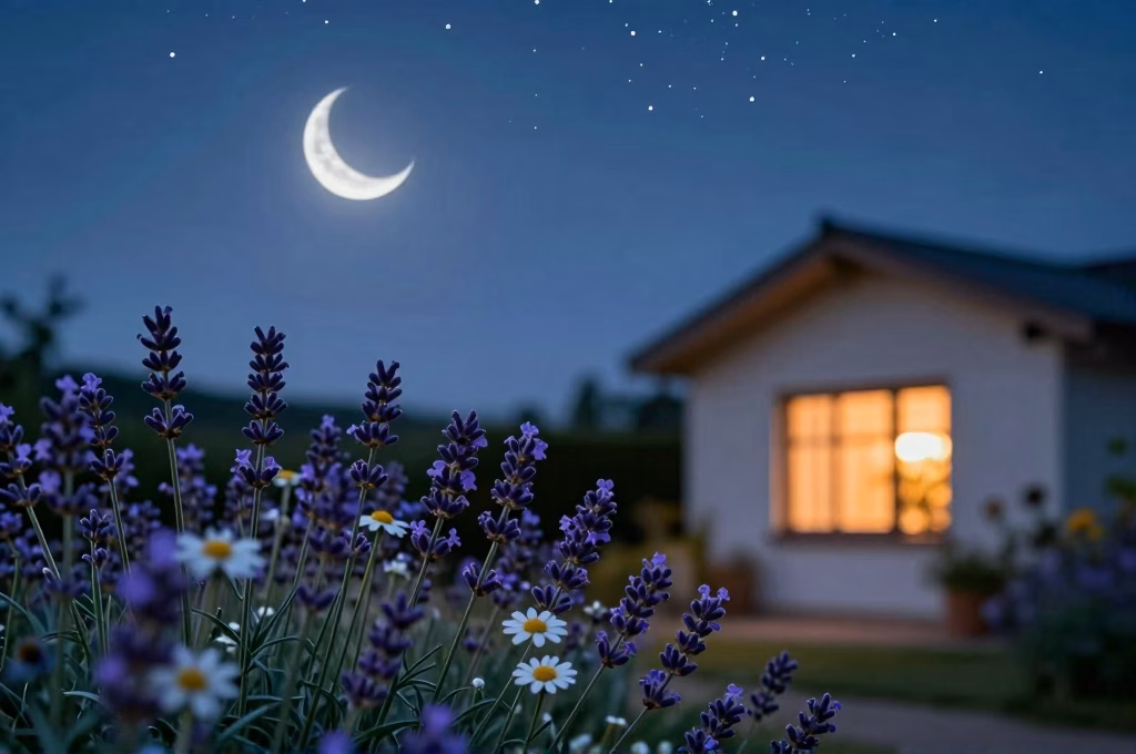 Jardin nocturne serein avec ciel étoilé et fleurs de lavande évoquant le bien-être du sommeil