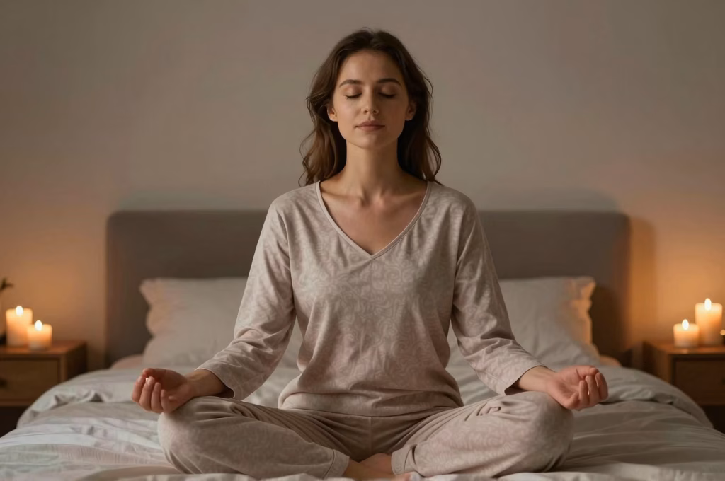 Femme pratiquant la relaxation et la méditation au coucher pour améliorer la qualité du sommeil